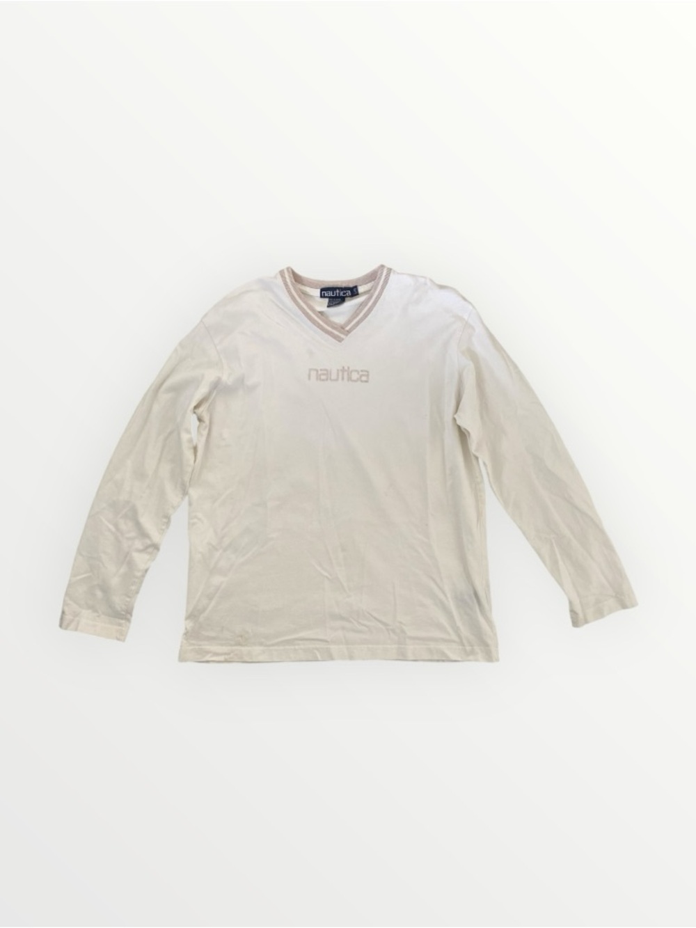 Vintage Nautica 1990s White Logo V-Neck Long Sleeve Size L